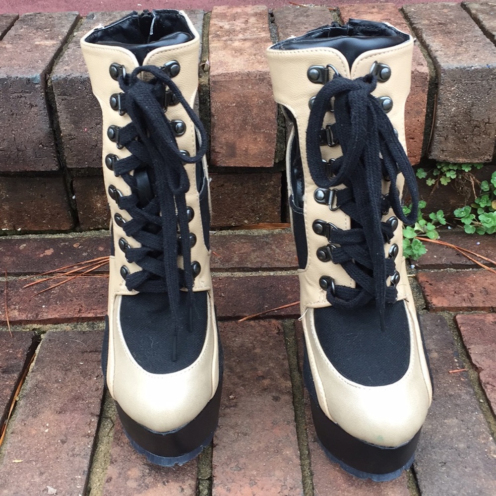 TAN CANVAS LACEUP STILETTOS PLATFORM BOOTIES